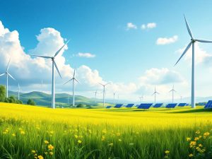 Peisaj cu turbine eoliene și panouri solare.