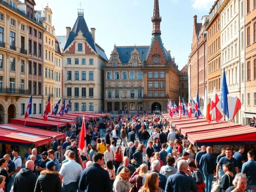 Piață europeană aglomerată cu arhitectură iconică.