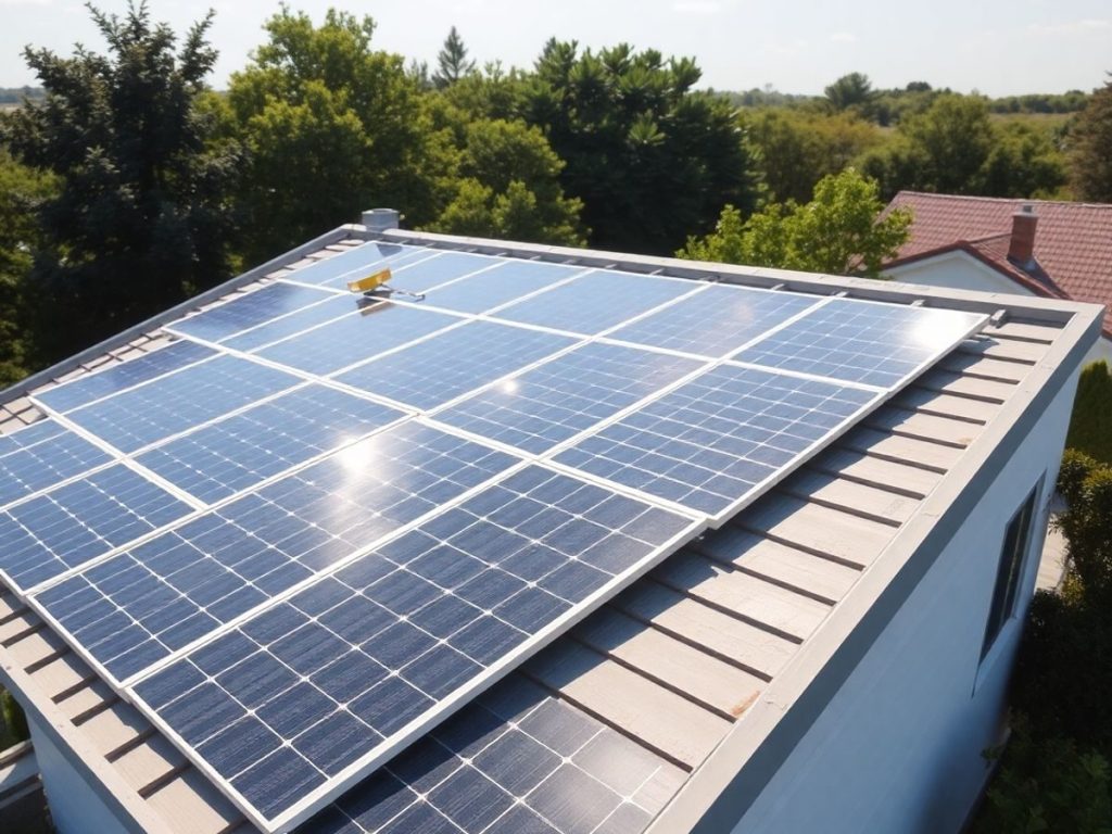 Casa cu panouri solare pe acoperiș într-o zi însorită.