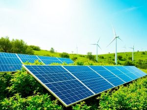 Peisaj verde cu panouri solare și turbine eoliene.