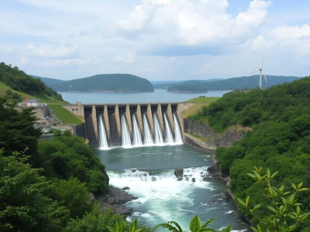 Peisaj cu un baraj hidroelectric și natură verde.