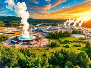Peisaj geotermal cu centrale și natură verde.