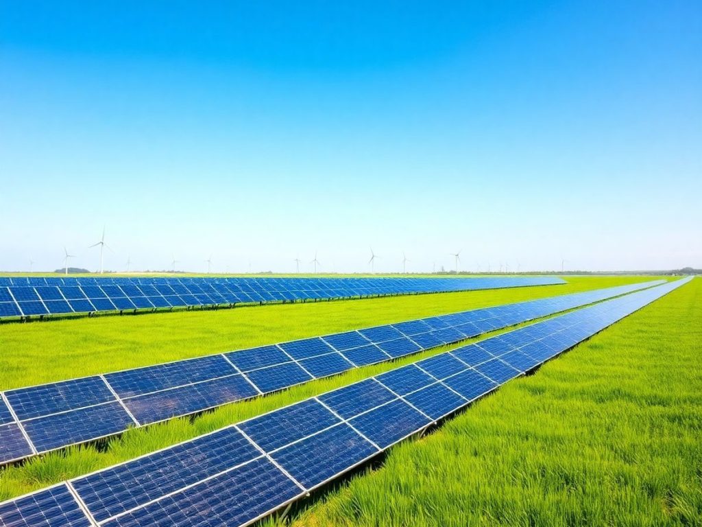 Panouri solare pe un câmp verde, sub cer senin.