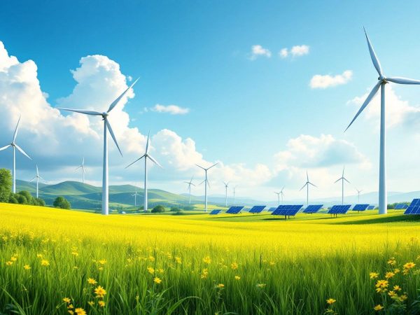 Peisaj cu turbine eoliene și panouri solare.