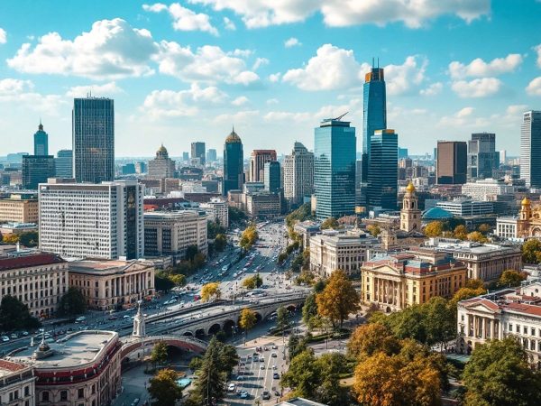 Peisaj urban din București, România, cu clădiri moderne.