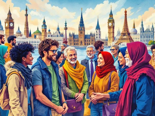 Grup divers de oameni discutând în Europa.